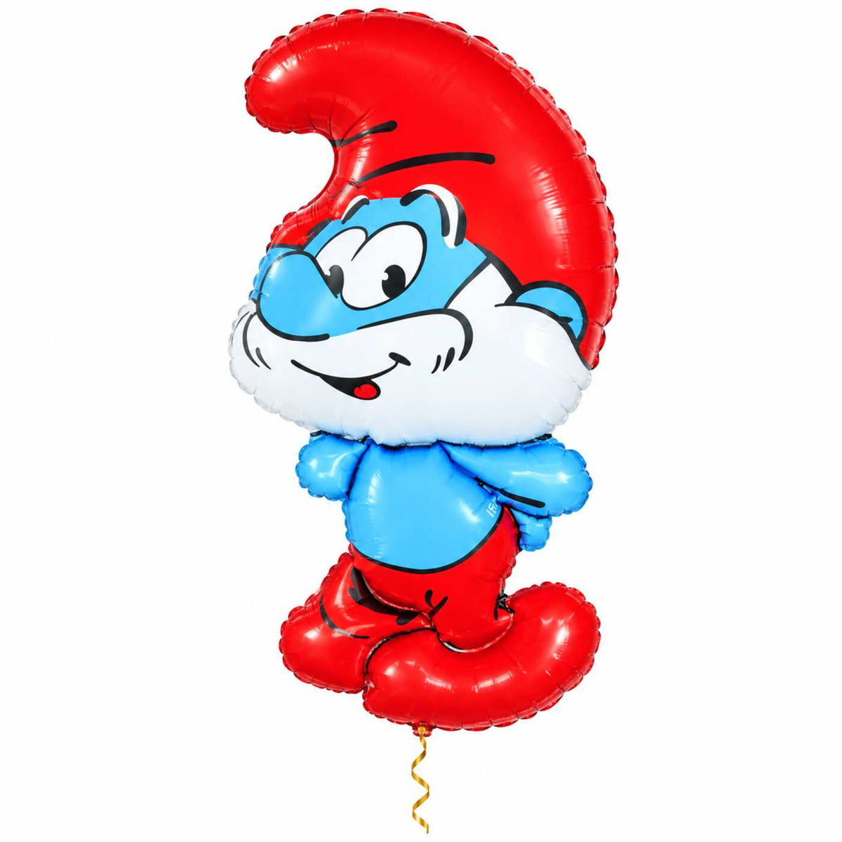 Grote Smurf Helium XL Ballon met dun metallic gouden lint op witte achtergrond – Ballonnenshop.nl