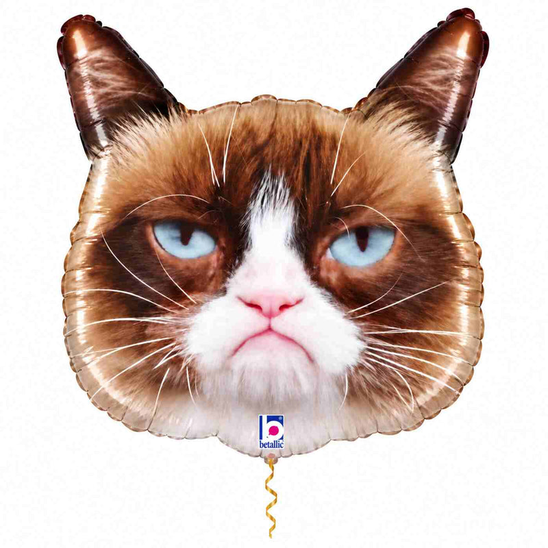 Grumpy Cat Helium Ballon met dun metallic gouden lint op witte achtergrond – Ballonnenshop.nl