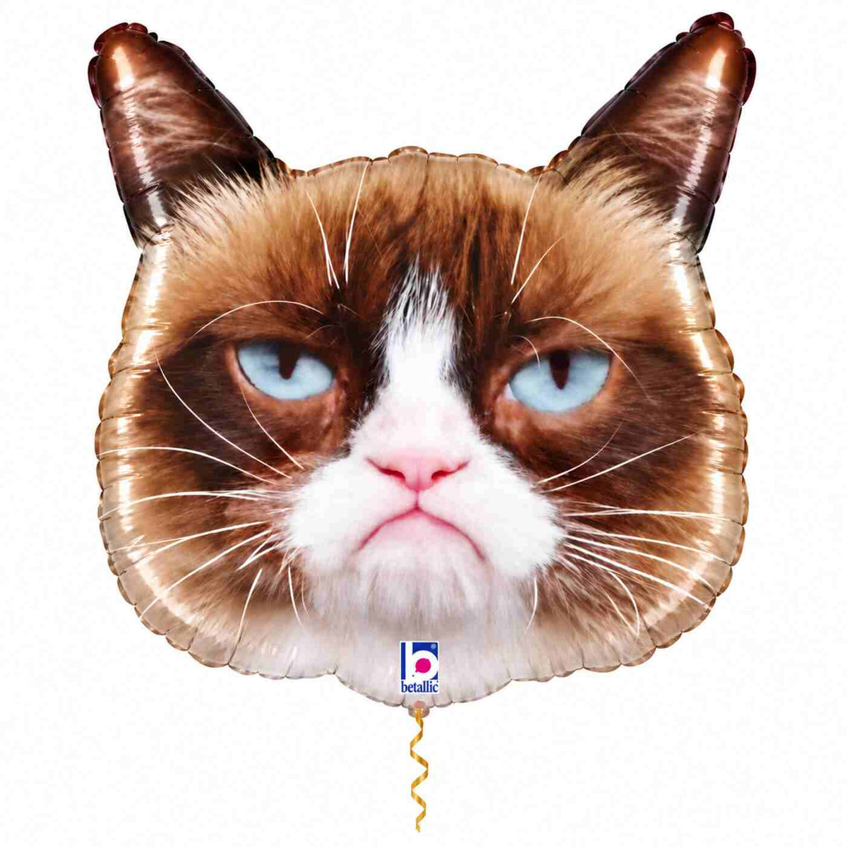 Grumpy Cat Helium Ballon met dun metallic gouden lint op witte achtergrond – Ballonnenshop.nl