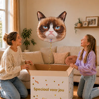 Grumpy Cat Helium Ballon – uitpakmoment met moeder en meisje in een warme woonkamer – Ballonnenshop.nl
