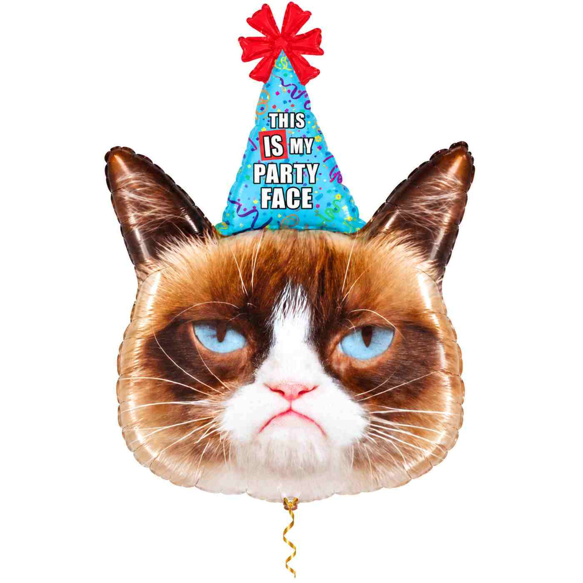 Grumpy Cat XL Helium Ballon met dun metallic gouden lint op witte achtergrond – Ballonnenshop.nl