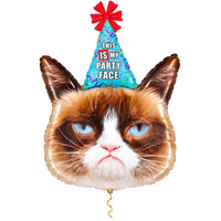 Grumpy Cat XL Helium Ballon met dun metallic gouden lint op witte achtergrond – Ballonnenshop.nl