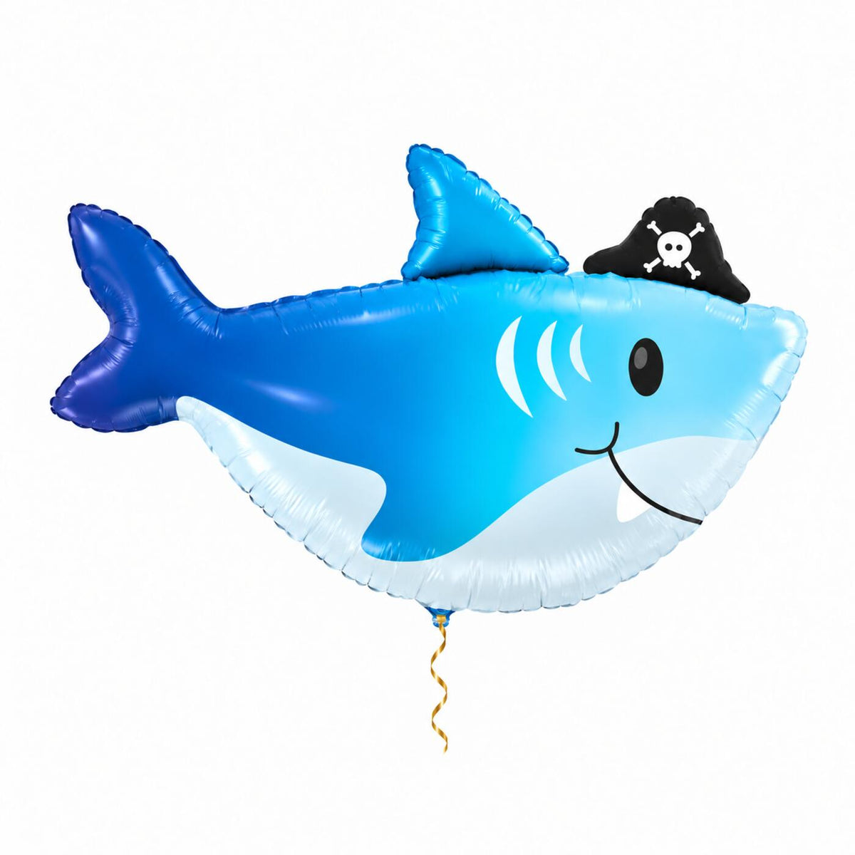 Haai Helium XL Ballon met dun metallic gouden lint op witte achtergrond – Ballonnenshop.nl