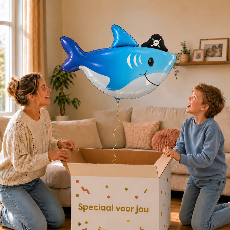 Haai Helium XL Ballon – uitpakmoment met moeder en jongetje in een warme woonkamer – Ballonnenshop.nl