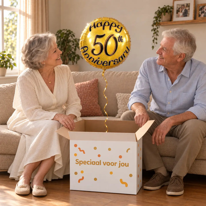 Uitpakmoment met Happy 50th Anniversary Ballon uit een cadeaudoos van Ballonnenshop.nl