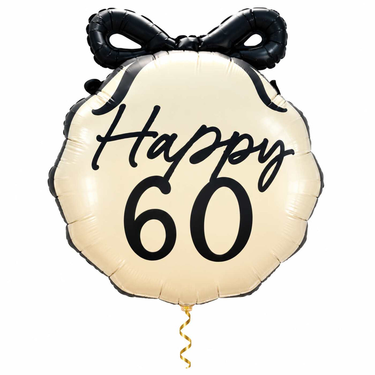 Happy 60 Helium Ballon met dun metallic gouden lint op witte achtergrond – Ballonnenshop.nl