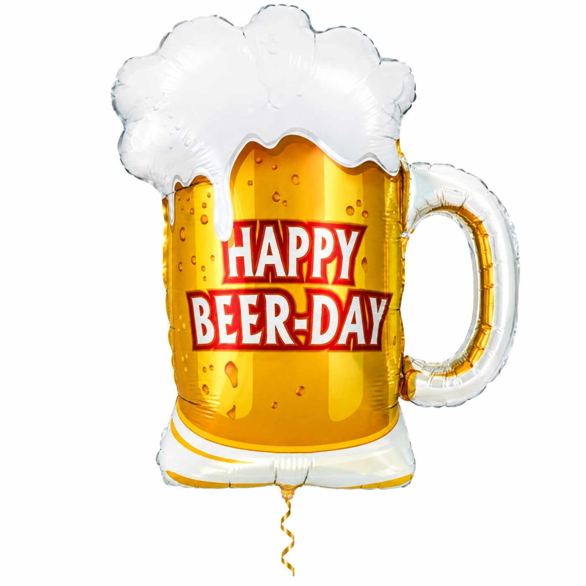 Happy Beer Day Helium Ballon met dun metallic gouden lint op witte achtergrond – Ballonnenshop.nl