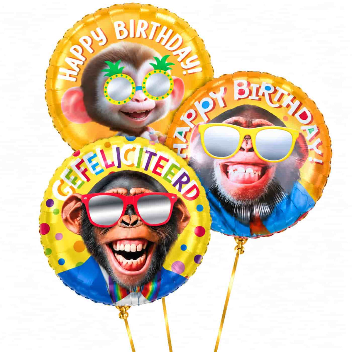 Happy Birthday Apen Trosje – heliumgevulde ballonnen met dunne gouden lintjes op een witte achtergrond