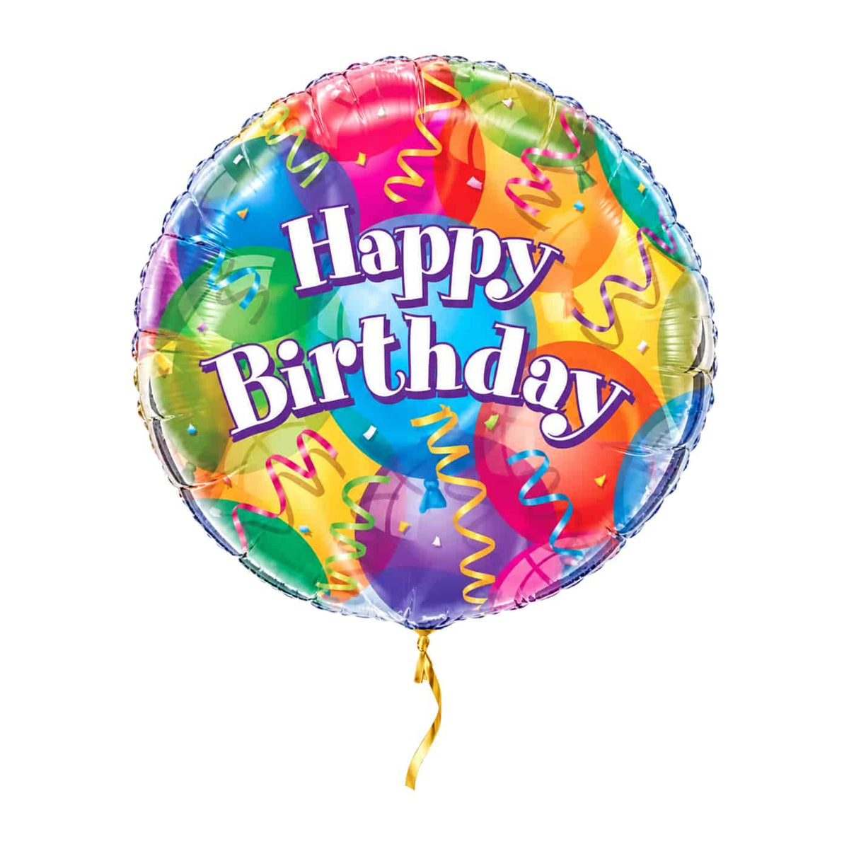 Happy Birthday Gekleurd Ballon – met helium gevuld, met gouden lint