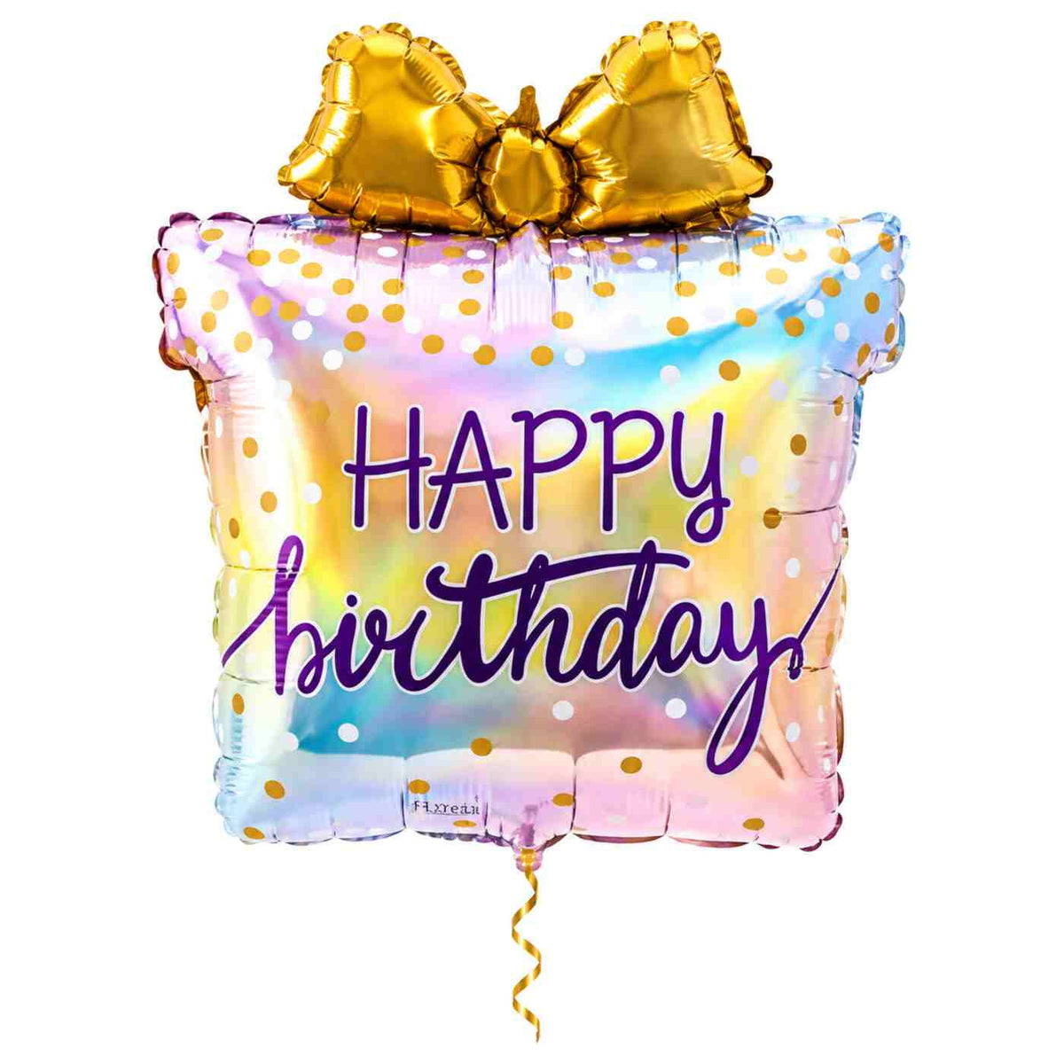 Happy Birthday Cadeau Regenboog met dun metallic gouden lint op witte achtergrond – Ballonnenshop.nl