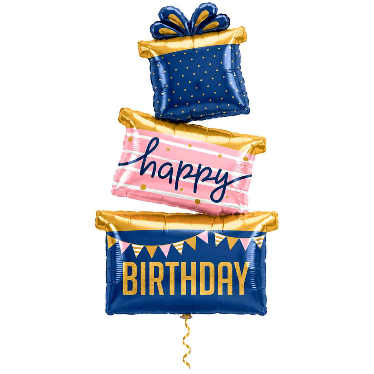 Happy Birthday Cadeaus Luxe Geschenktrio met dun metallic gouden lint op witte achtergrond – Ballonnenshop.nl
