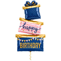 Happy Birthday Cadeaus Luxe Geschenktrio met dun metallic gouden lint op witte achtergrond – Ballonnenshop.nl