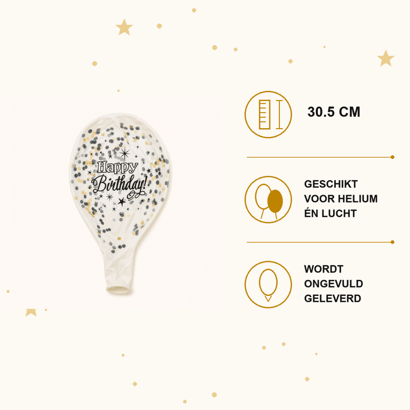 Happy Birthday Confetti Ballonnen - Goud & Zwart - 6 stuks - 30,5 cm - Ballonnenshop.nl