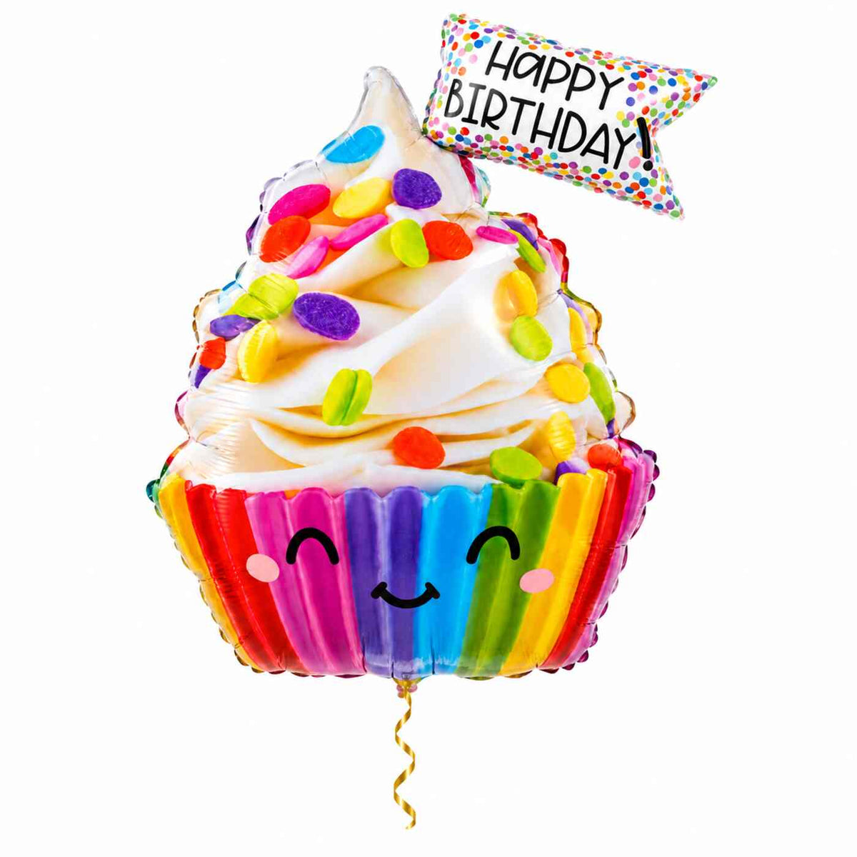 Happy Birthday Cupcake XL Ballon met dun metallic gouden lint op witte achtergrond – Ballonnenshop.nl