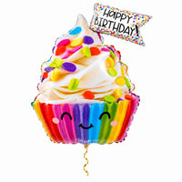 Happy Birthday Cupcake XL Ballon met dun metallic gouden lint op witte achtergrond – Ballonnenshop.nl