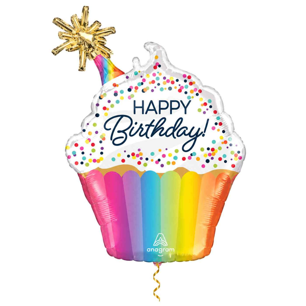 Happy Birthday Cupcake XL Ballon met dun metallic gouden lint op witte achtergrond – Ballonnenshop.nl