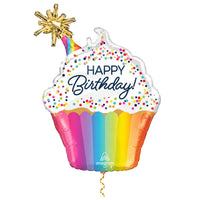 Happy Birthday Cupcake XL Ballon met dun metallic gouden lint op witte achtergrond – Ballonnenshop.nl