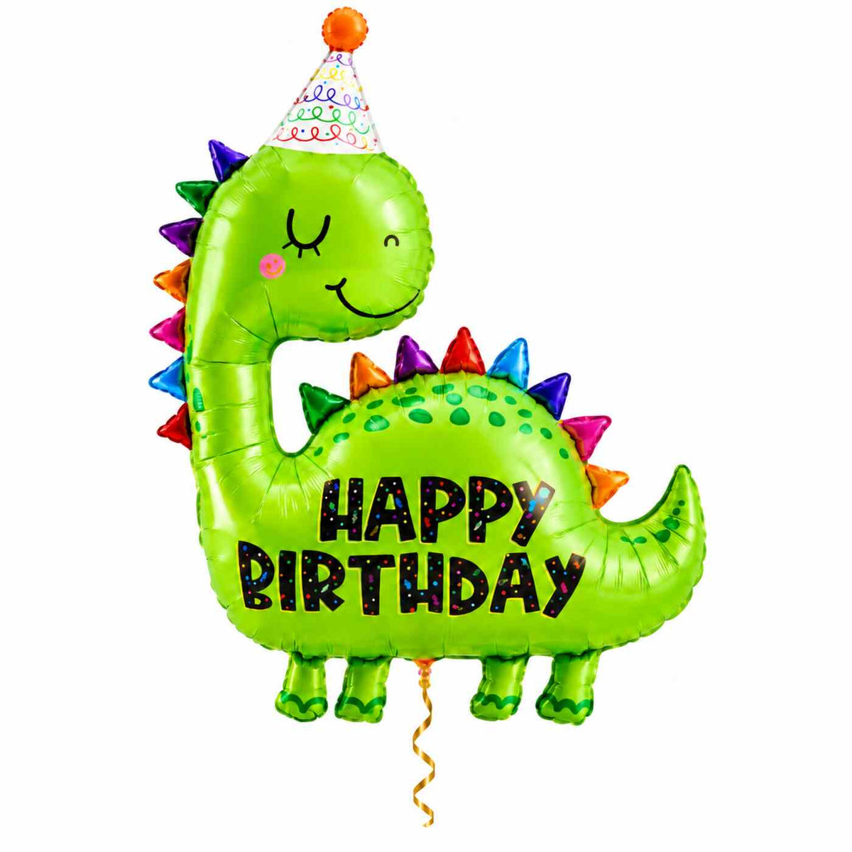 Happy Birthday Dino XL Ballon met dun metallic gouden lint op witte achtergrond – Ballonnenshop.nl