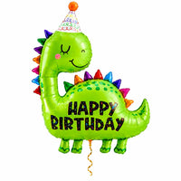 Happy Birthday Dino XL Ballon met dun metallic gouden lint op witte achtergrond – Ballonnenshop.nl