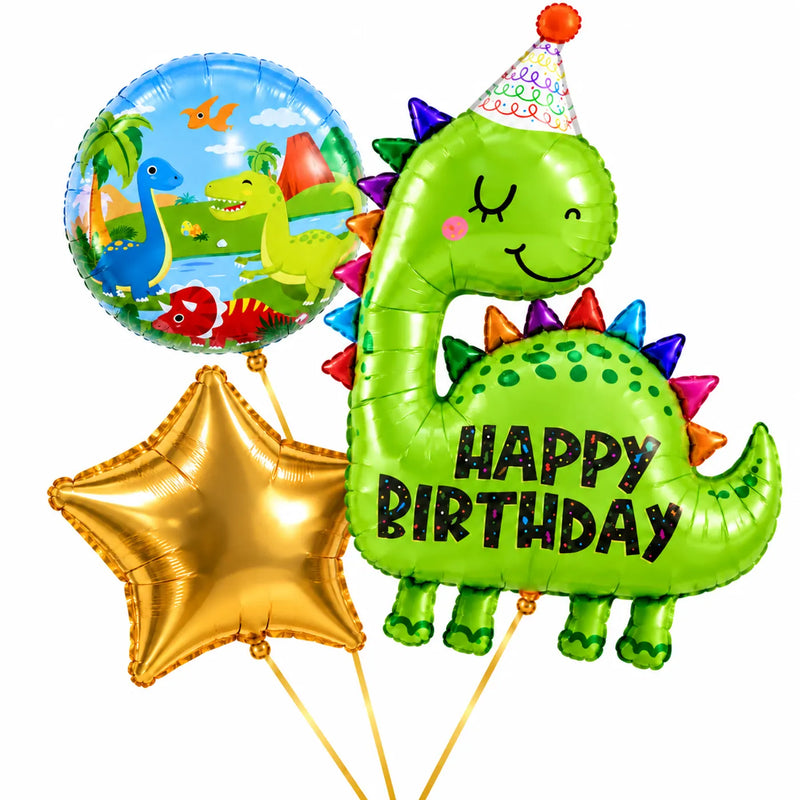 Happy Birthday Dino XL Trosje met een grote groene dino, ronde dinoballon en gouden ster