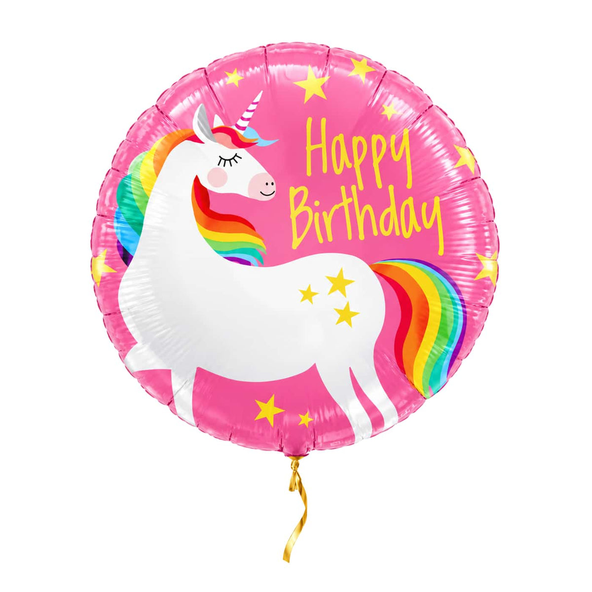 Roze Happy Birthday eenhoorn heliumballon van 46 cm met gouden lint
