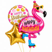 Happy Birthday Flamingo XL Trosje met een roze flamingo, ronde verjaardagsballon en gouden ster