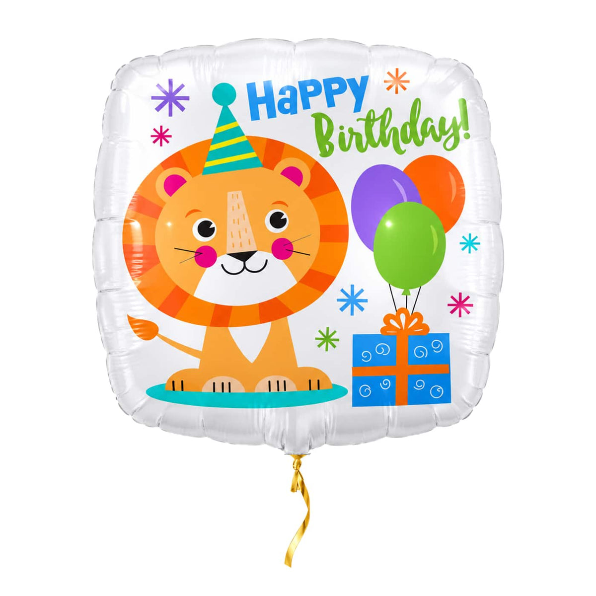 Happy Birthday Leeuw Ballon – met helium gevuld, met gouden lint