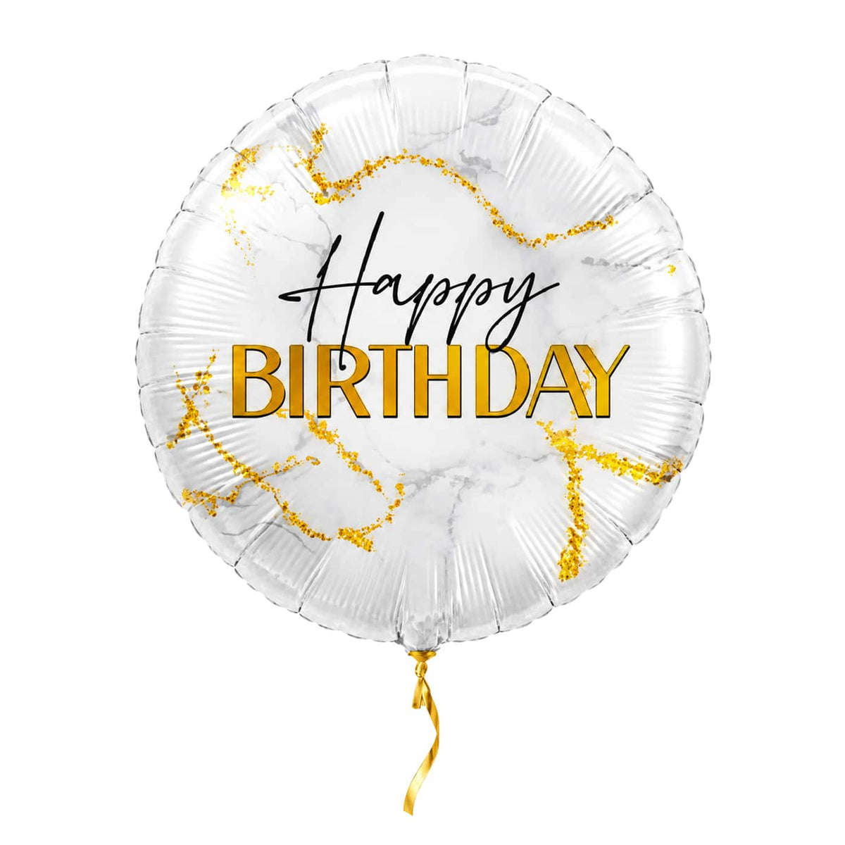 Happy Birthday Marmer Wit/Goud – met helium gevuld, met gouden lint