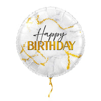 Happy Birthday Marmer Wit/Goud – met helium gevuld, met gouden lint