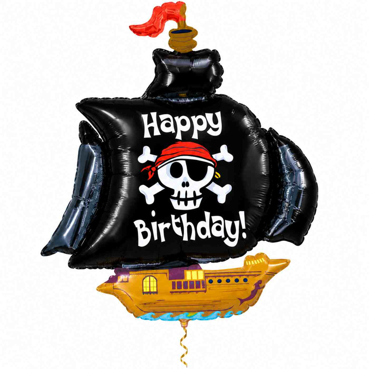 Happy Birthday Piratenschip XL met dun metallic gouden lint op witte achtergrond – Ballonnenshop.nl