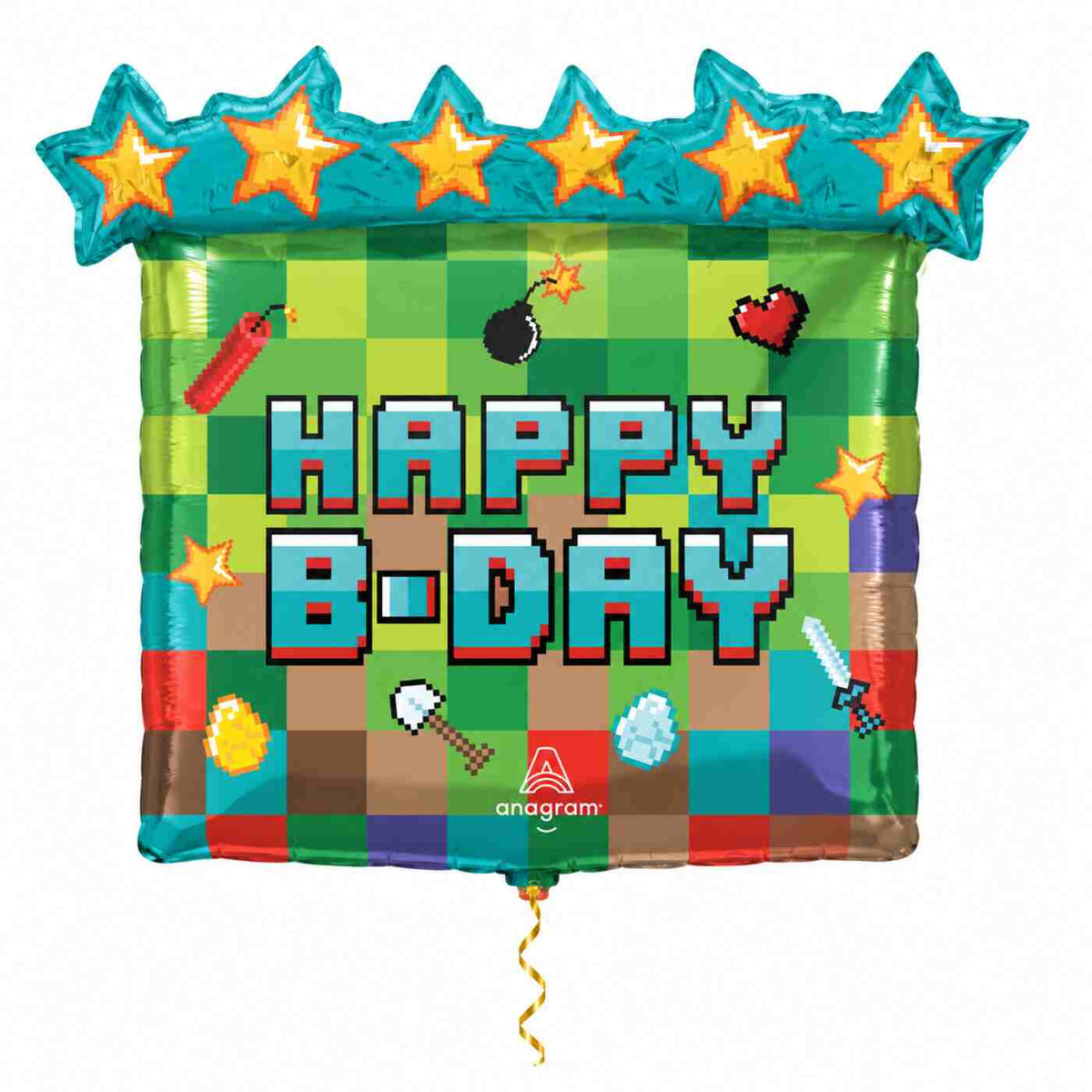 Happy Birthday Minecraft Ballon met dun metallic gouden lint op witte achtergrond – Ballonnenshop.nl