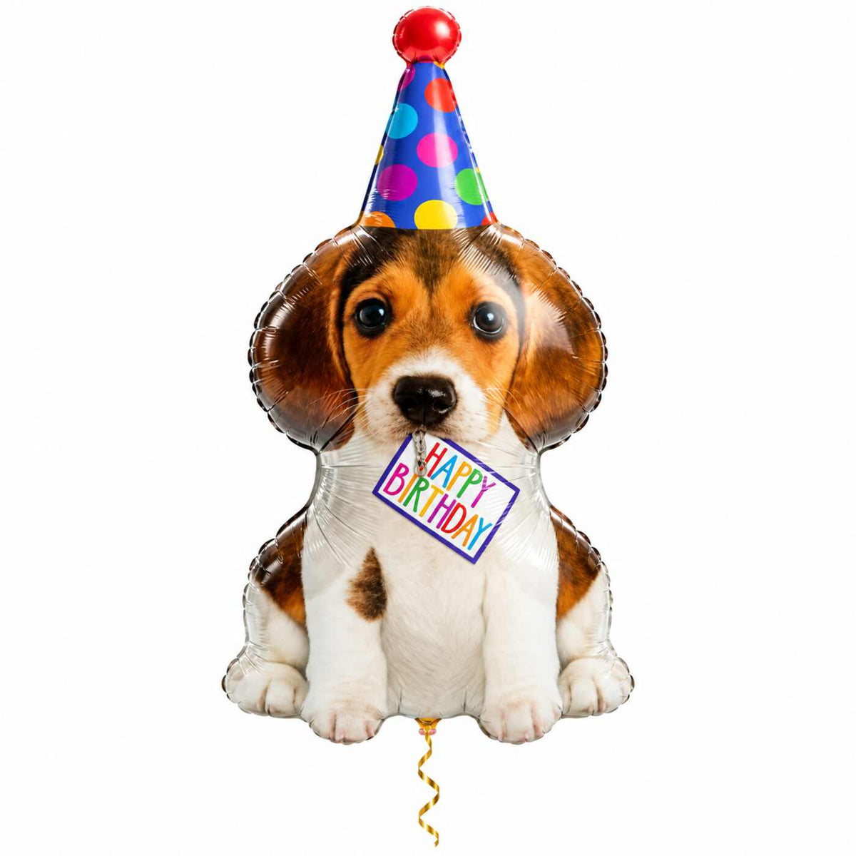 Happy Birthday Puppy XL Ballon met dun metallic gouden lint op witte achtergrond – Ballonnenshop.nl