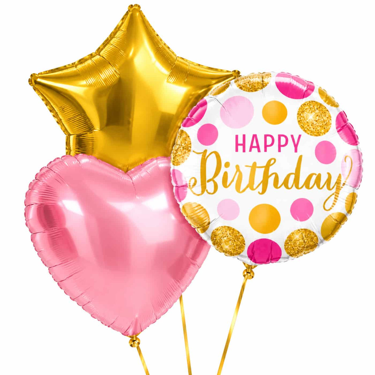 Happy Birthday Roze/Goud/Wit Tros – heliumgevulde ballonnen met dunne gouden lintjes op een witte achtergrond