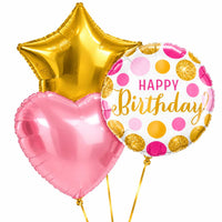 Happy Birthday Roze/Goud/Wit Tros – heliumgevulde ballonnen met dunne gouden lintjes op een witte achtergrond