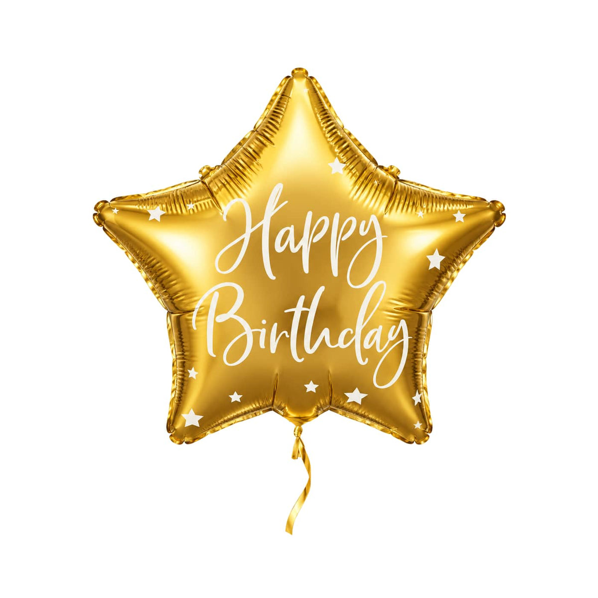 Happy Birthday Ster Ballon Goud met kort goudkleurig lint op een witte achtergrond