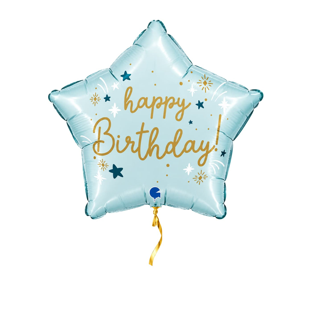 Happy Birthday Ster Licht Blauw – met helium gevuld, met gouden lint