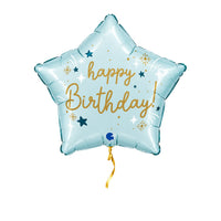 Happy Birthday Ster Licht Blauw – met helium gevuld, met gouden lint