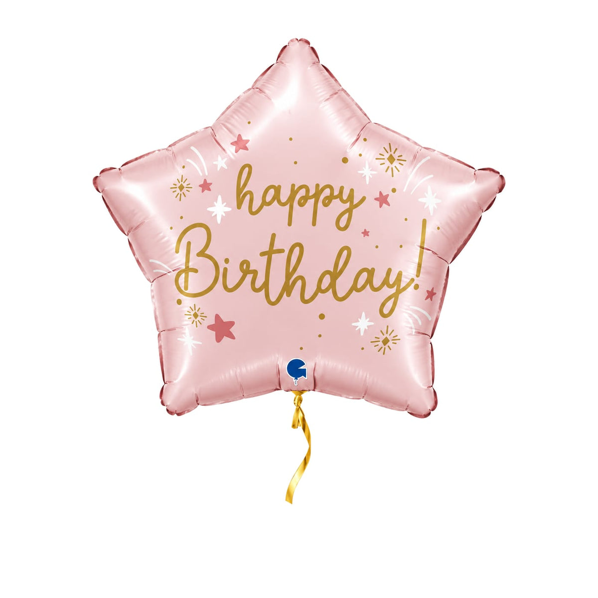 Happy Birthday Ster Licht Roze – met helium gevuld, met gouden lint