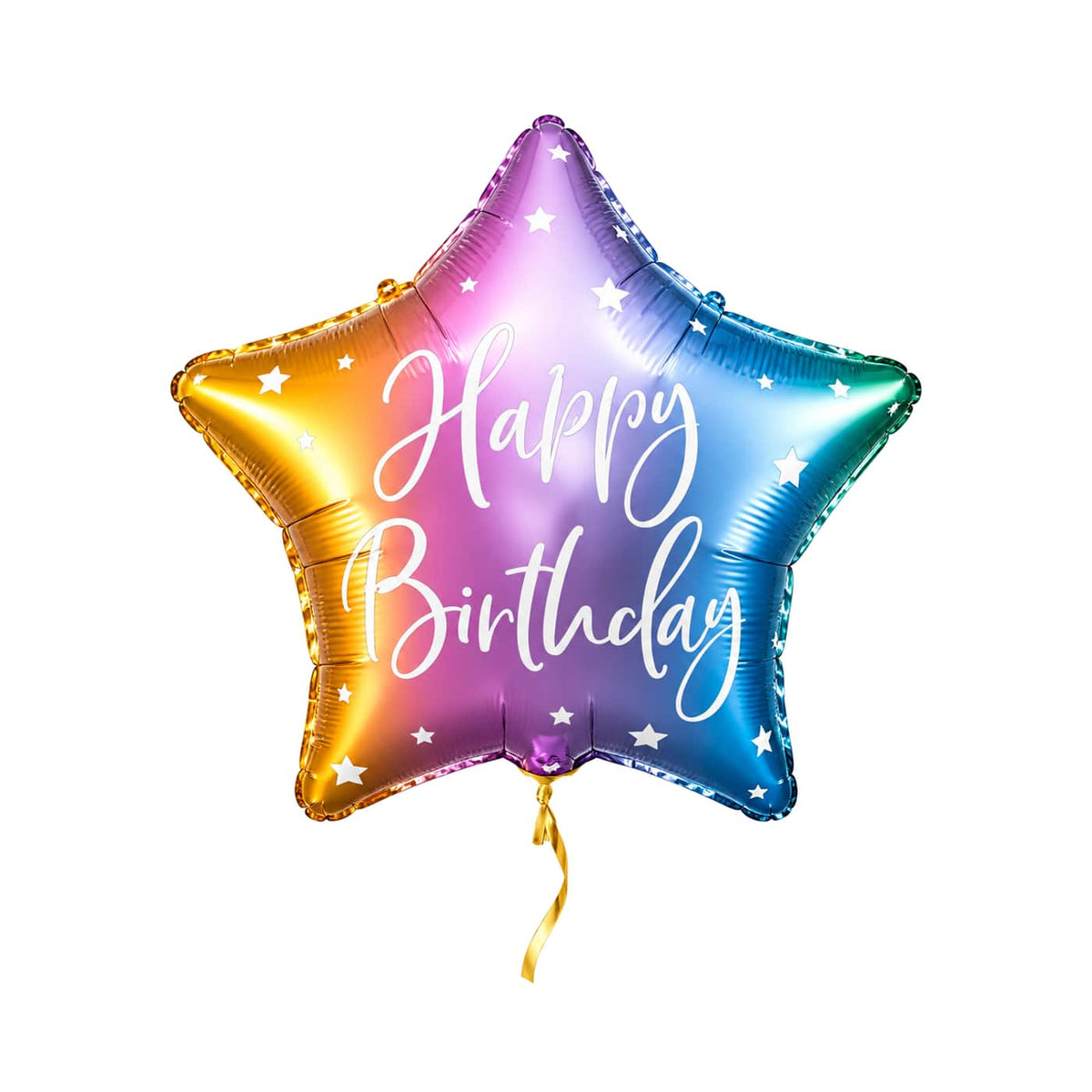 Happy Birthday Ster Regenboog met kort goudkleurig lint op een witte achtergrond