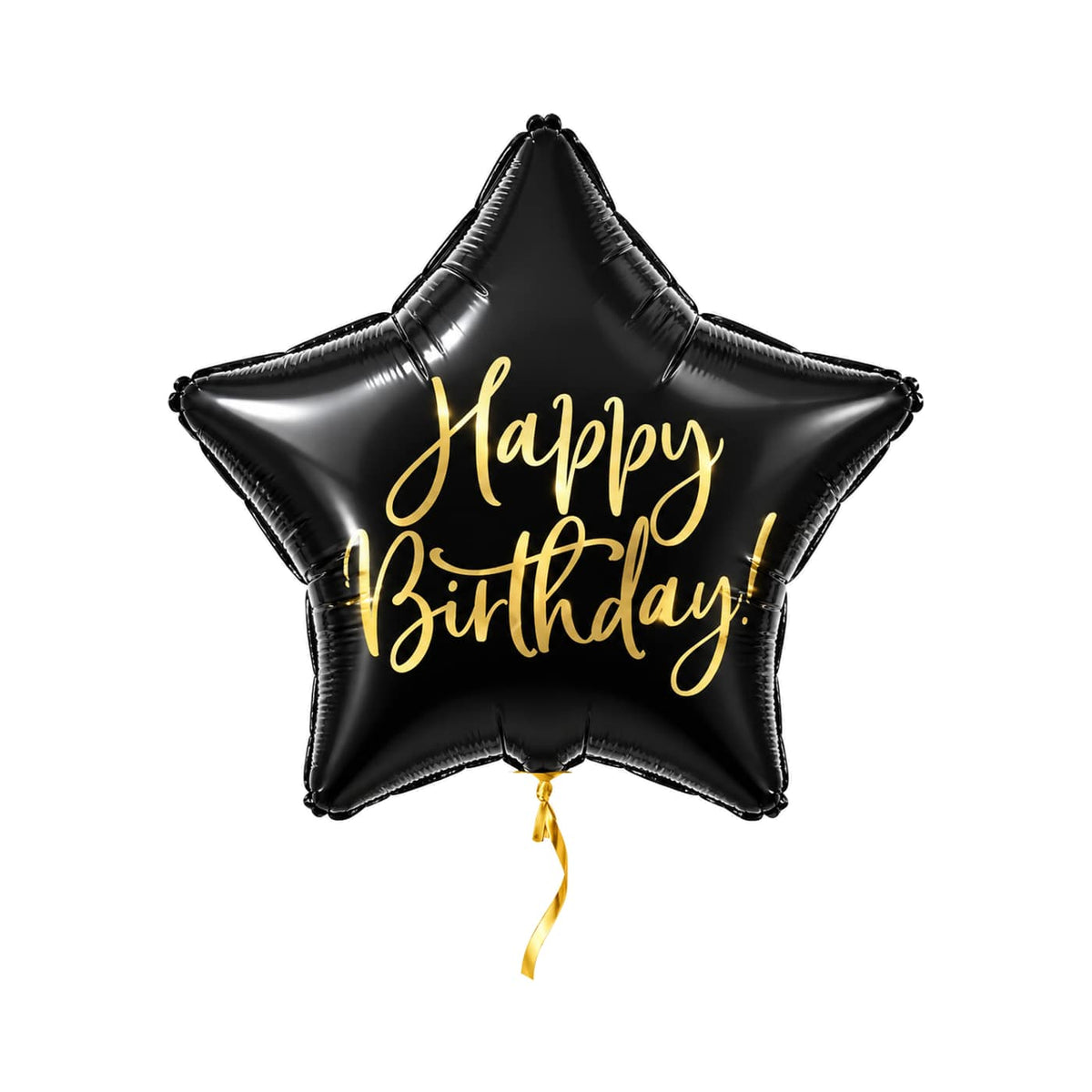 Happy Birthday Ster Ballon Zwart met kort goudkleurig lint op een witte achtergrond