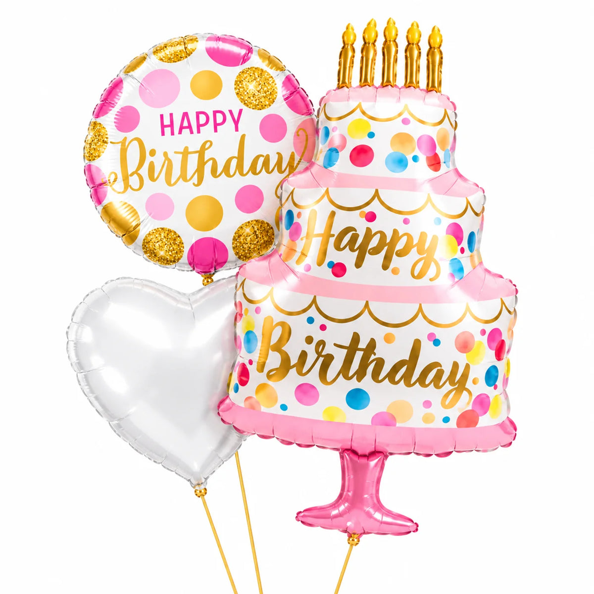Happy Birthday Taart XL Trosje Roze met een grote roze verjaardagstaart, ronde Happy Birthday ballon en wit hart
