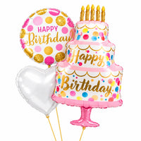 Happy Birthday Taart XL Trosje Roze met een grote roze verjaardagstaart, ronde Happy Birthday ballon en wit hart
