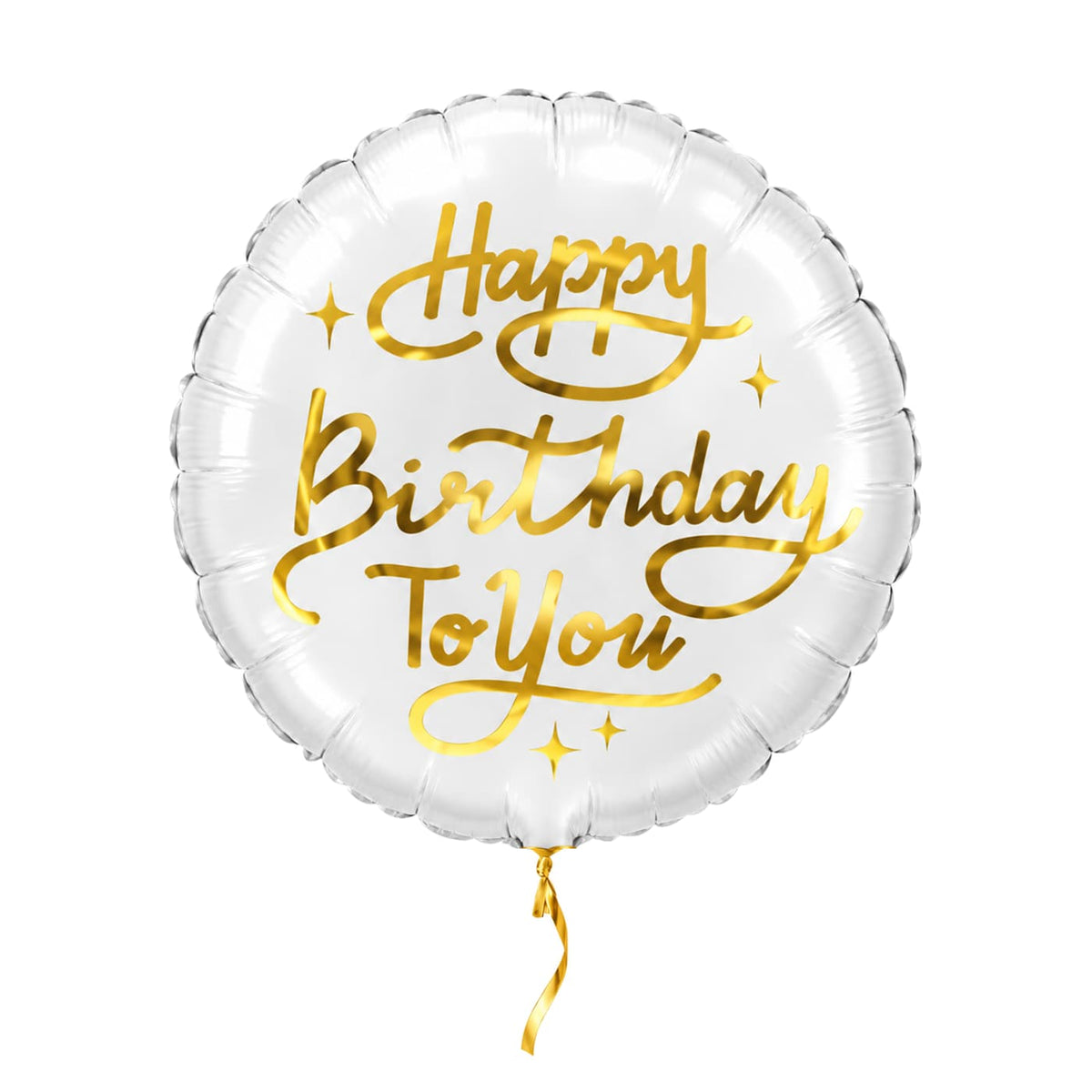 Happy Birthday To You Ballon met kort goudkleurig lint op een witte achtergrond