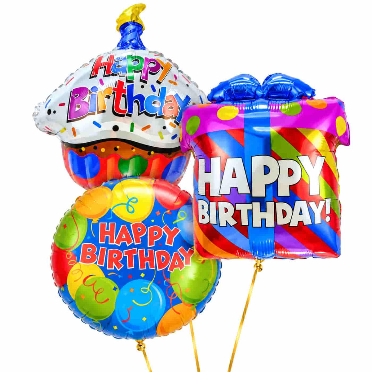 Happy Birthday Trosje Ballonnen – heliumgevulde ballonnen met dunne gouden lintjes op een witte achtergrond