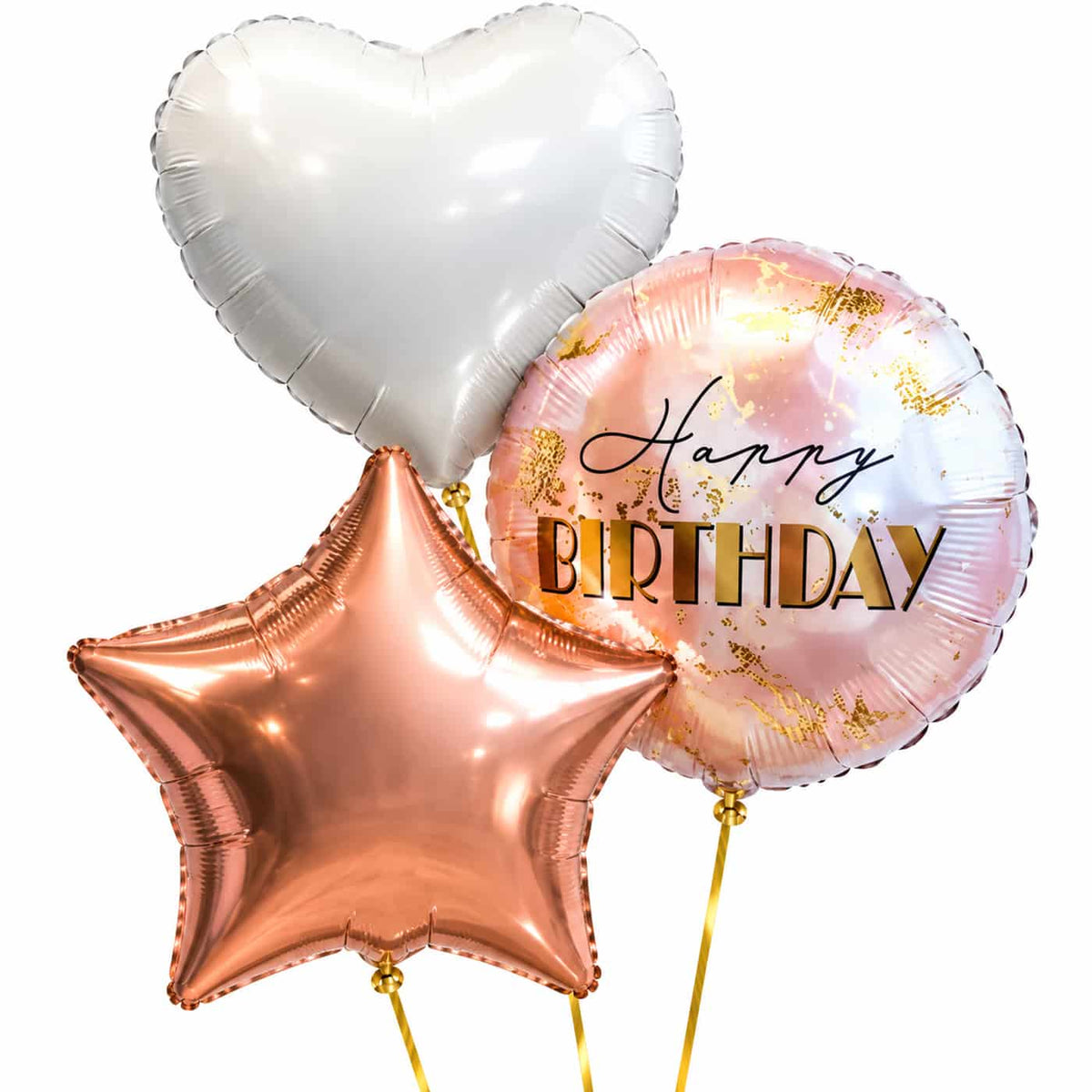 Happy Birthday Trosje Rose Goud/Wit/Marmer – heliumgevulde ballonnen met dunne gouden lintjes op een witte achtergrond