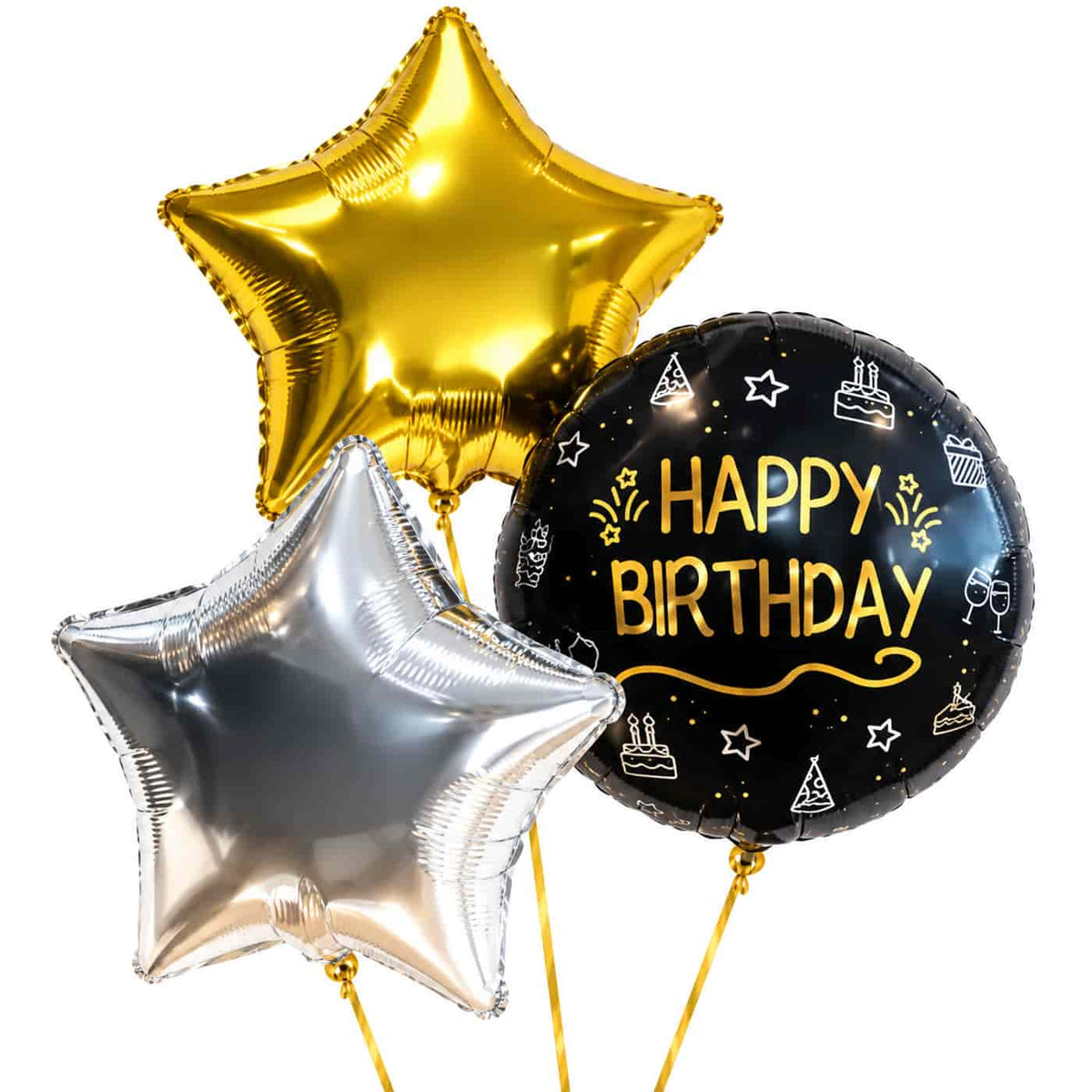 Happy Birthday Trosje Zilver/Zwart/Goud – heliumgevulde ballonnen met dunne gouden lintjes op een witte achtergrond