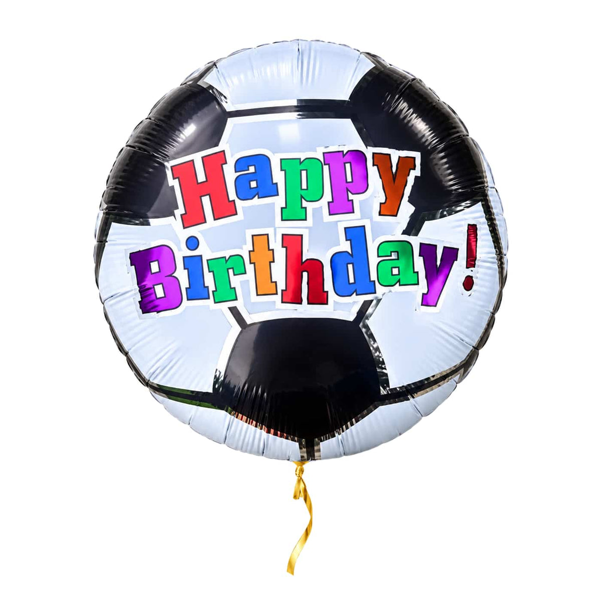 Happy Birthday Voetbal Ballon – met helium gevuld, met gouden lint