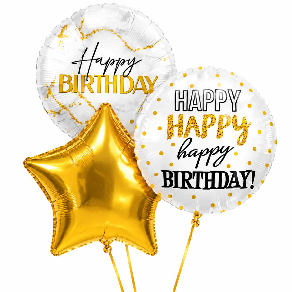 Happy Birthday Trosje – heliumgevulde ballonnen met dunne gouden lintjes op een witte achtergrond
