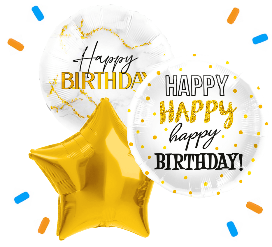 Happy Birthday Wit/Goud/Zwart Trosje Helium Ballonnen - Gevuld Met Helium - 46 cm - Ballonnenshop.nl