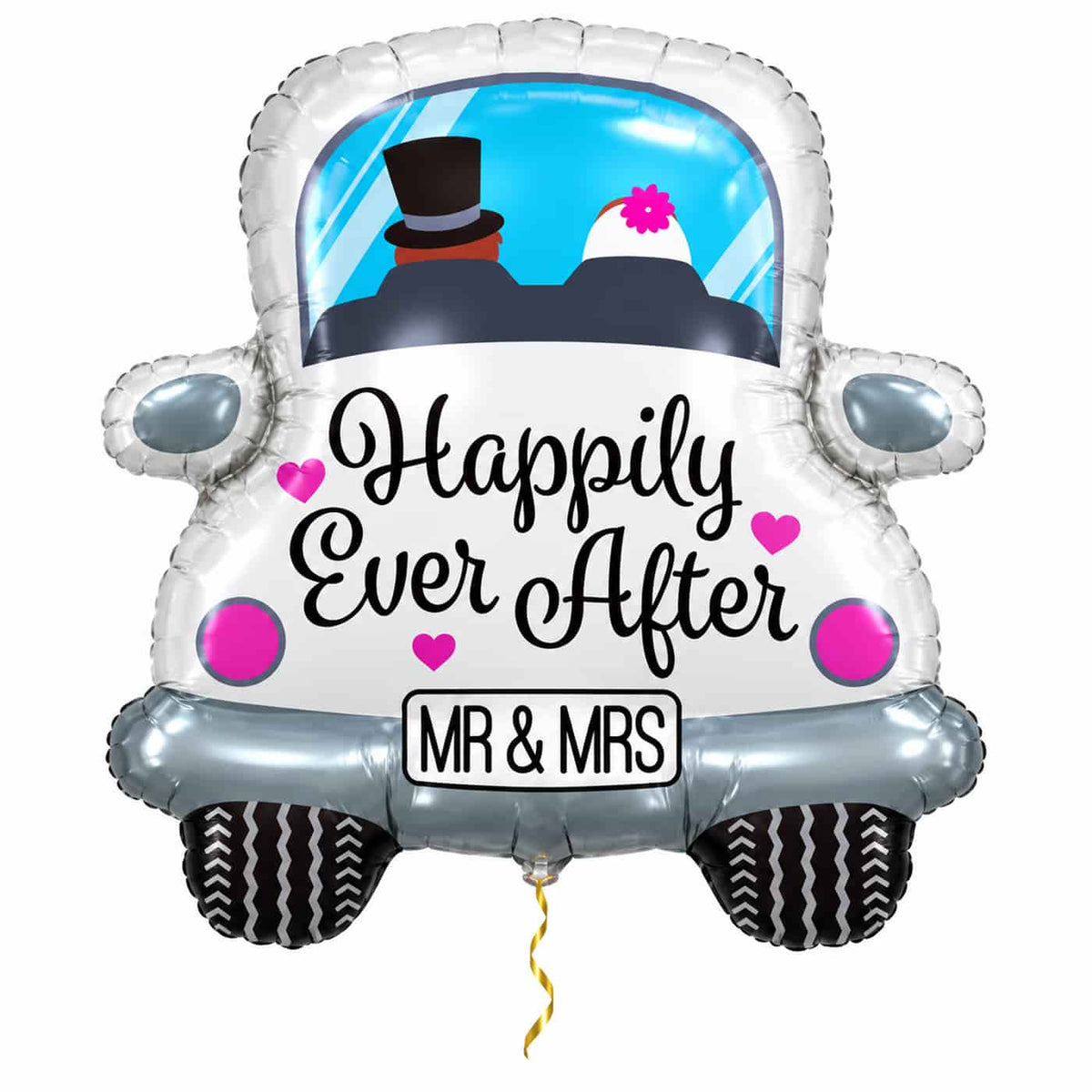 Happy Ever After Auto XL Ballon van 79 cm, gevuld met helium, met dun metallic gouden lint op witte achtergrond – Ballonnenshop.nl
